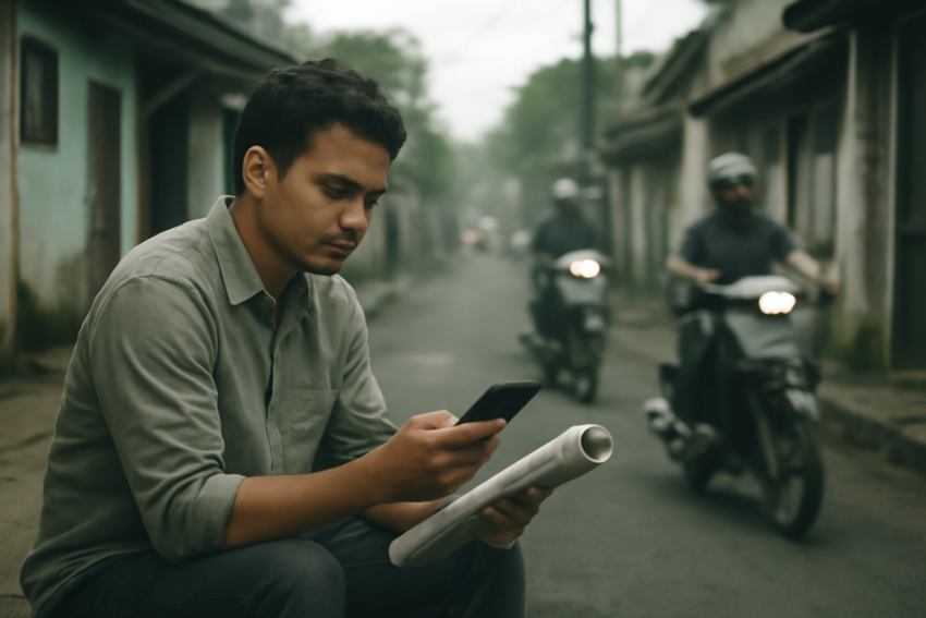 Warga membaca berita di ponsel sambil duduk di gang permukiman Bandung pagi hari