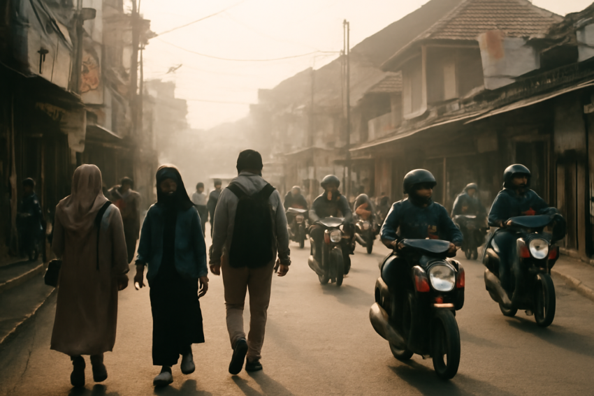 Suasana pagi di jalanan Bandung dengan warga yang mulai beraktivitas