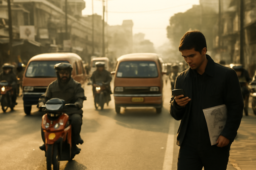 Warga membaca berita lokal Bandung di ponsel saat pagi hari di jalanan kota