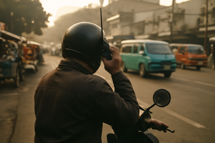 Warga Bandung mendengarkan radio sambil memeriksa ponsel di persimpangan jalan pada pagi hari