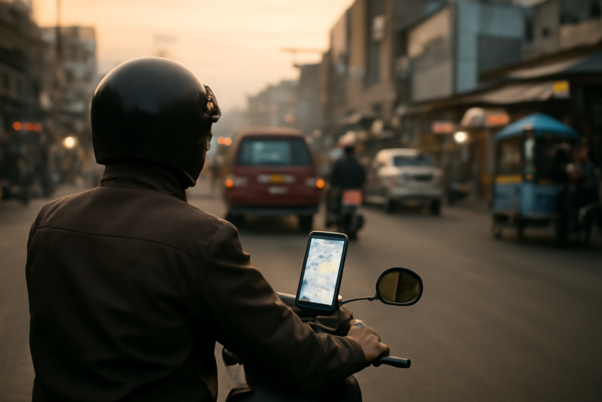 Pengendara motor di jalanan Bandung pagi hari sambil memeriksa ponsel untuk informasi lalu lintas.